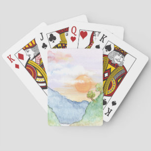 Aquareller Sonnenuntergang über Gebirge und Bäume Spielkarten