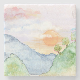 Aquareller Sonnenuntergang über Gebirge und Bäume Steinuntersetzer