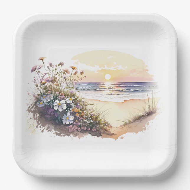 Aquareller Strand mit Blume Pappteller (Vorderseite)