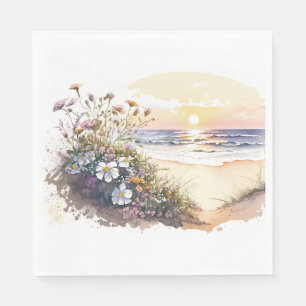 Aquareller Strand mit Blume Serviette