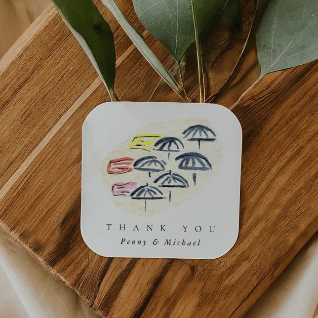 Aquareller Strand Vielen Dank für Ihr Interesse Quadratischer Aufkleber (Watercolor Umbrellas Beach Thank You Favor Square Sticker)