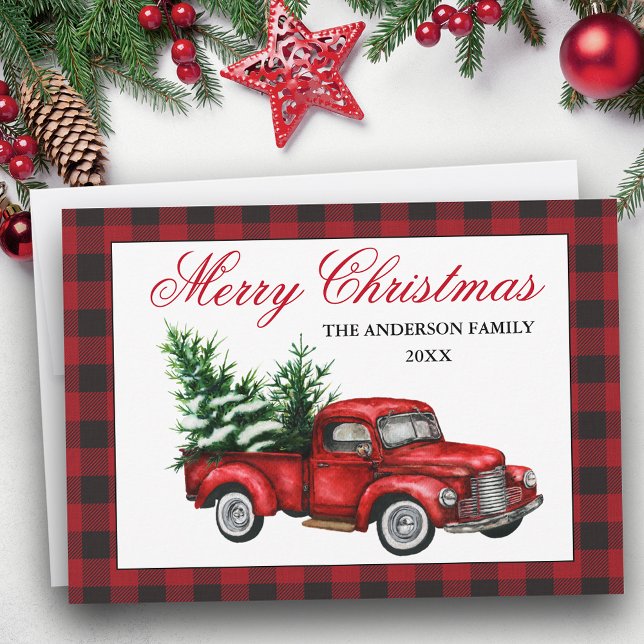 Aquareller Vintag Red Truck Frohe Weihnachten Kari (Customize to change text size or text style.)