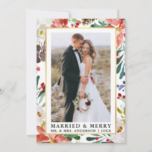 Aquareller Winter Blumen Verheiratet und fröhlich Feiertagskarte
