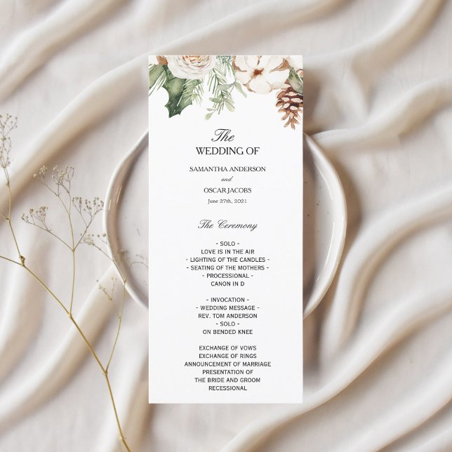 Aquareller Winter Grüne Pine Tree & Weiße Blume Menükarte (Von Creator hochgeladen)