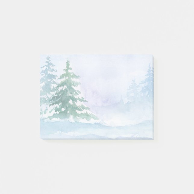 Aquareller Winter Grüne Pinienbäume Post-it Klebezettel (Vorderseite)