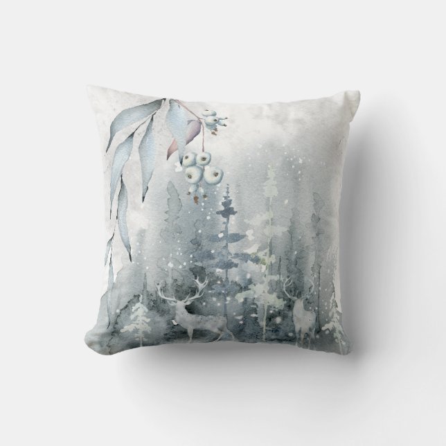 Aquareller Winter Hirschszene Weiße Winter Berries Kissen (Vorderseite)
