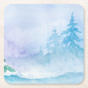 Aquareller Winter Pine Trees Wiederverwendbar Rechteckiger Pappuntersetzer