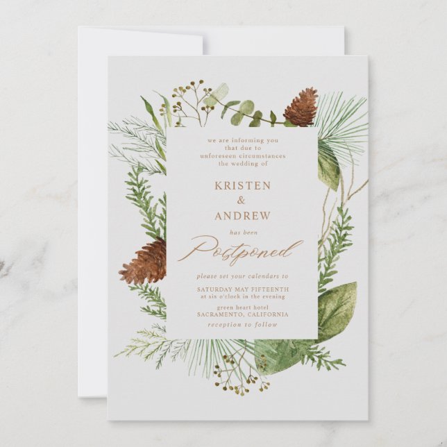 Aquareller Wintergrün verschoben Hochzeit Einladung (Vorderseite)