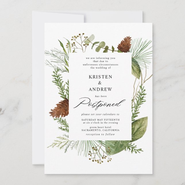 Aquareller Wintergrün verschoben Hochzeit Einladung (Vorderseite)