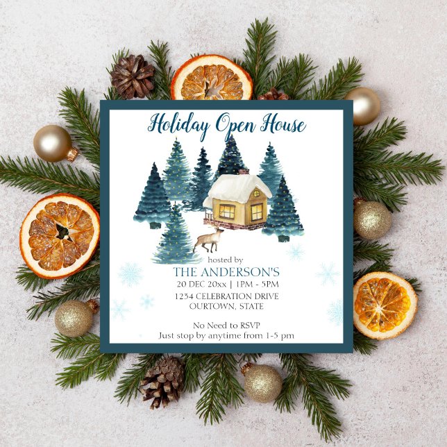 Aquareller Winterwald Ferienhaus Einladung (Holiday open house Christmas party editable template invitation digital download)