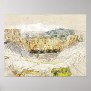 Aquarelles antikes Theater in Athen, Griechenland Poster