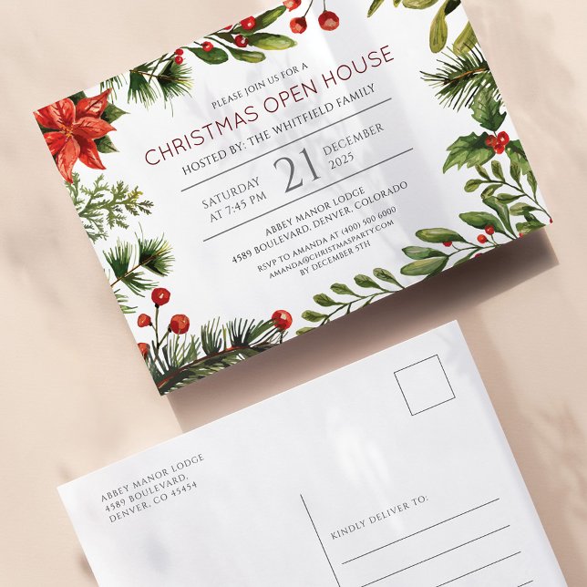 Aquarelles Grün und Berries Holiday Open House Einladungspostkarte (Christmas Open House Berries Greenery Family Party Postcard Invitation)