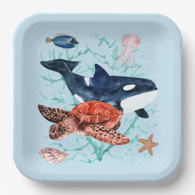 Aquarelles Leben und Kreaturen Aquatic Blue Pappteller (Vorderseite)