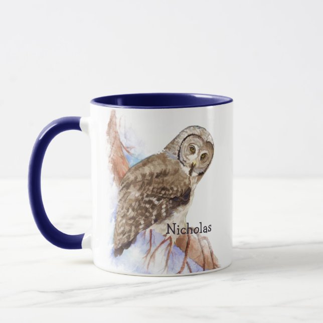 Aquarellfarbe Großer Grauer Owl Vogel Individuelle Tasse (Links)