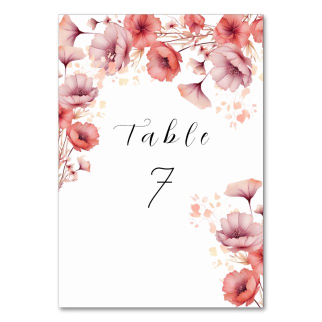 Aquarellfarbe Hübsch Rosa, Pfirsichfiz, Hochzeit Tischnummer (Vorderseite)