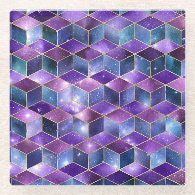 Aquarellfarbe Isometrisch mit Gold und Marmorgalax Glasuntersetzer (Vorderseite)