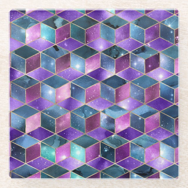 Aquarellfarbe Isometrisch mit Gold und Marmorgalax Glasuntersetzer (Vorderseite)