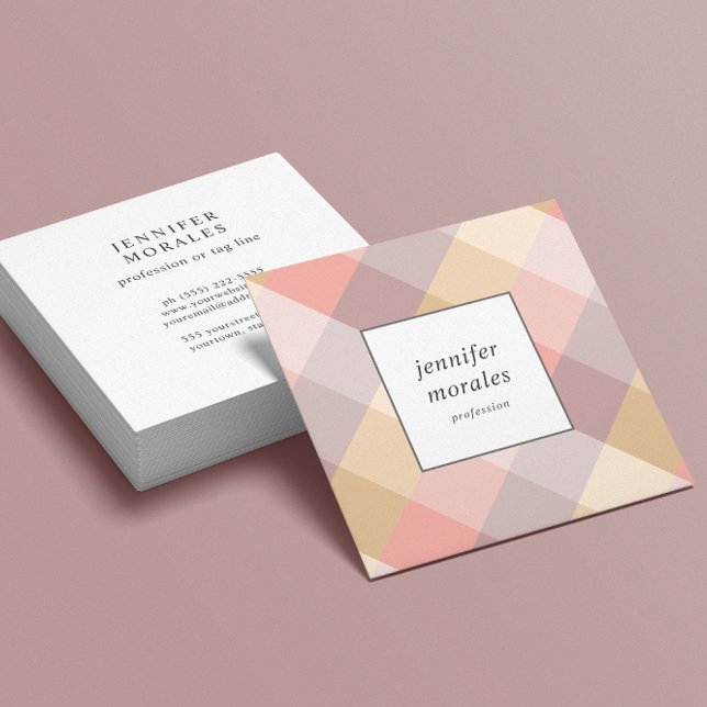 Aquarellfarbe Kariert Mauve Grau Pink Creme Gelb Quadratische Visitenkarte (Von Creator hochgeladen)
