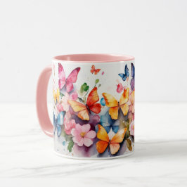 Aquarellfarbe Niedlich Rosa Schmetterling Blume Ta Tasse