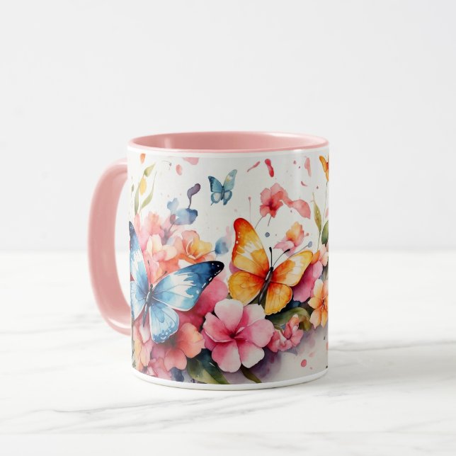 Aquarellfarbe Niedlich Rosa Schmetterling Blume Ta Tasse (Vorderseite Links)