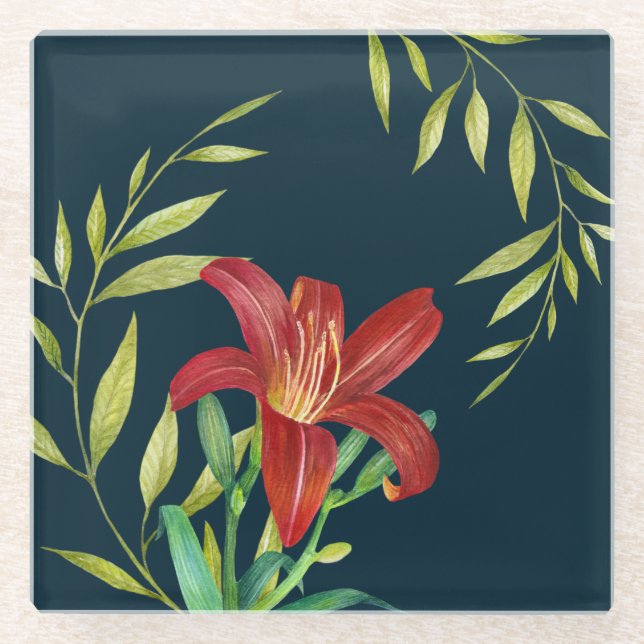 Aquarellfarbe Orange Lily Illustration Dunkelblau Glasuntersetzer (Vorderseite)