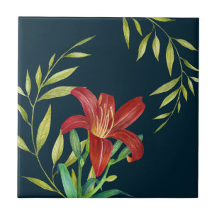 Aquarellfarbe Orange Lily Illustration Dunkeltürki Fliese