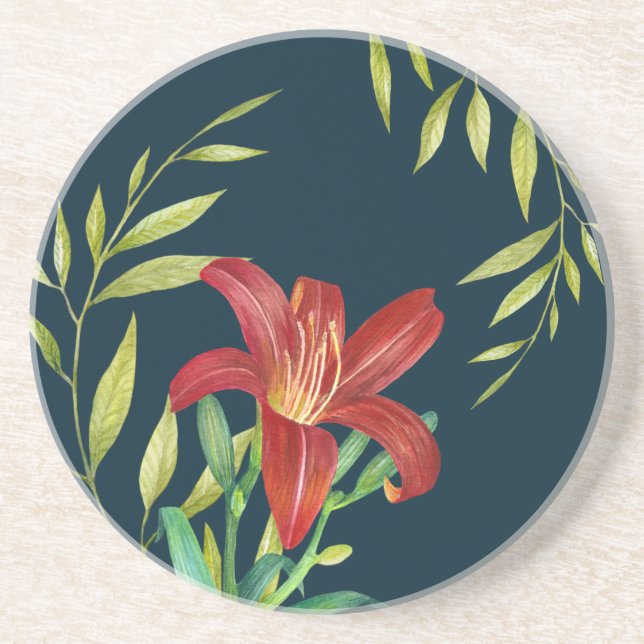 Aquarellfarbe Orange Lily Illustration Dunkeltürki Getränkeuntersetzer (Vorne)