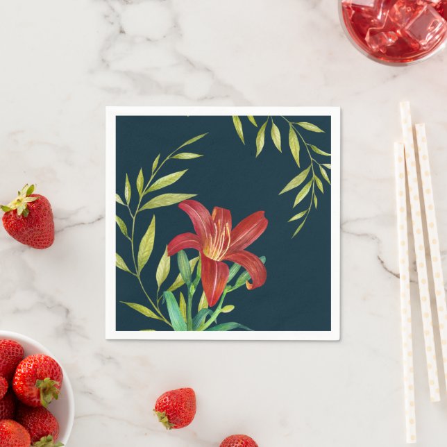 Aquarellfarbe Orange Lily Illustration Dunkeltürki Serviette (Beispiel)