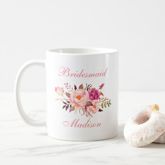 Aquarellfarbe Rosa Blumenzwiebelname Kaffeetasse (Mit Donut)