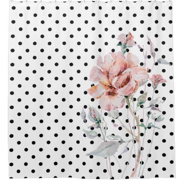 Aquarellfarbe Rosa Blüte auf schwarzen Punkten Duschvorhang (Vorderseite)