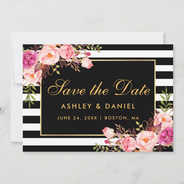 Aquarellfarbe Rosa Blütenblau Streifen Save The Date (Vorderseite)