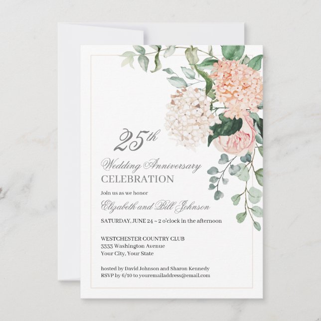 Aquarellfarbe Rosa Blütenblume 25. Hochzeitstag Einladung (Vorderseite)