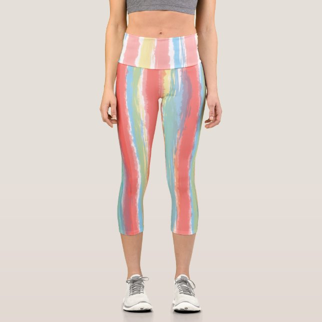 Aquarellfarbe Rosa Gelbe vertikale Streifen Capri Leggings (Vorderseite)