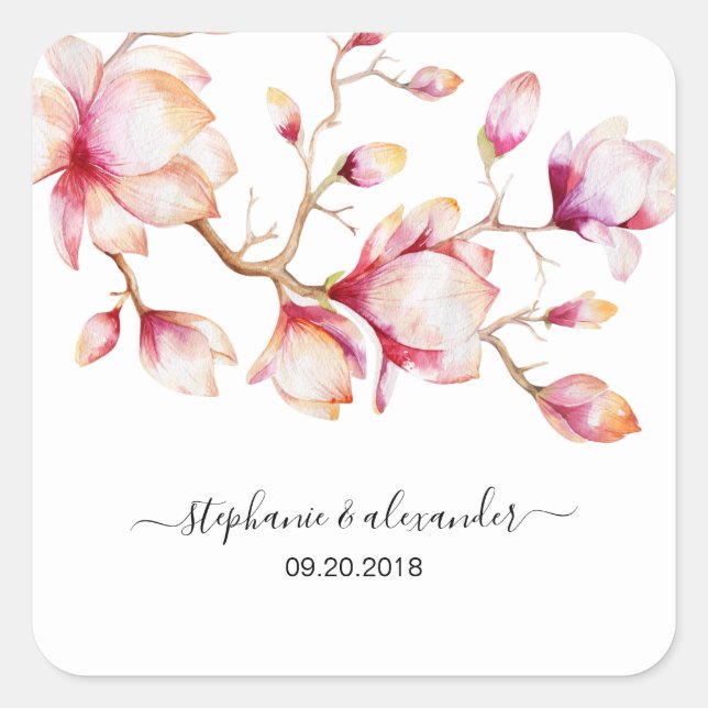 Aquarellfarbe Rosa Magnolia Blume Quadratischer Aufkleber (Vorderseite)