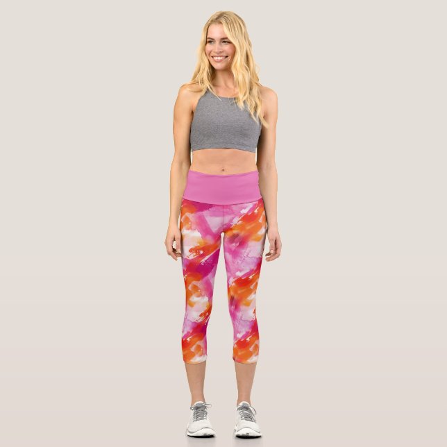 Aquarellfarbe Rosa Orange Abstrakt Capri Leggings (Vorderseite)