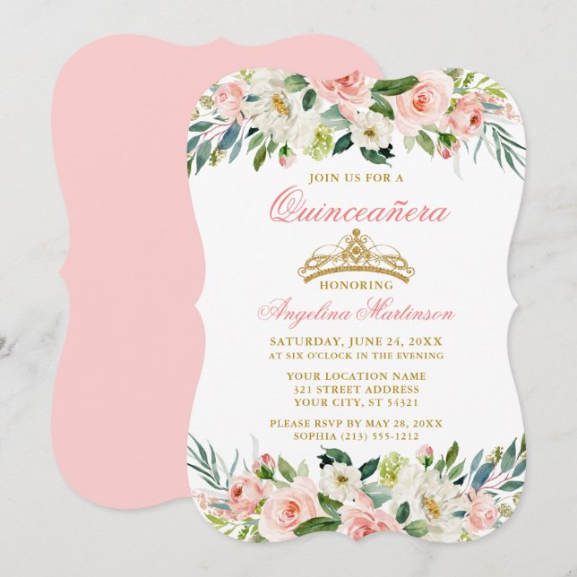 Aquarellfarbe Rosa Rosa Weiße Blüte Quinceanera Einladung (Vorne/Hinten)