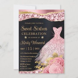 Aquarellfarbe Rosa und Gold Glitzer Kleid 16 . Geb Einladung