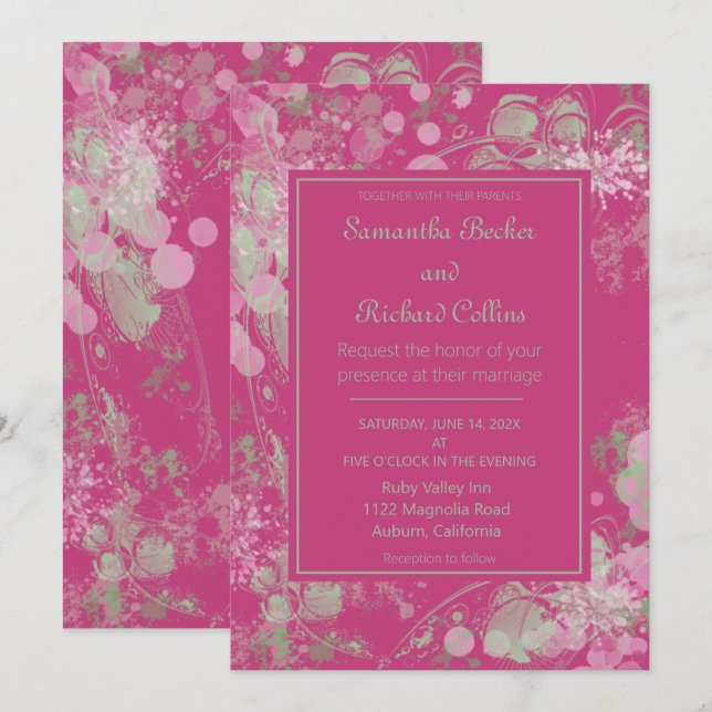 Aquarellfarbe Rosa und grüne botanische Hochzeit Einladung (Vorne/Hinten)