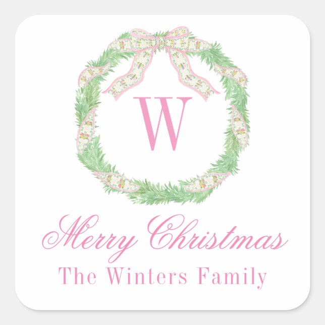 Aquarellfarbe Rosa und grüne Weihnachtsmonogramm Quadratischer Aufkleber (Vorderseite)