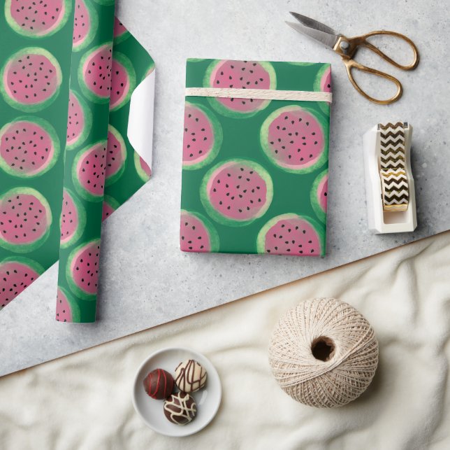 Aquarellfarbe Rosa und grünes Wassermelone Muster Geschenkpapier (Kunsthandwerk)