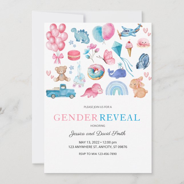 Aquarellfarbe Rosa und Illustriertes Blaues Geschl Einladung (Vorderseite)