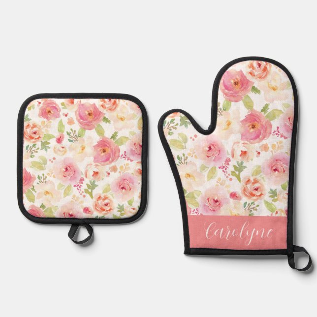Aquarellfarbe Rosa und Pfirsichfarben Blume Person Ofenhandschuh & Topflappen-Set (Vorderseite)