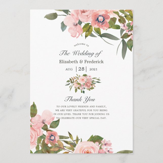 Aquarellfarbe Rosa und Rose Gold Rose Hochzeit Programm (Vorderseite)