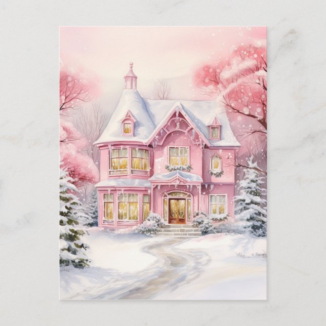 Aquarellfarbe Rosa Weihnachten Hintergrund Postkarte (Vorderseite)
