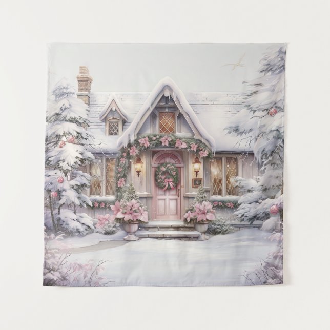 Aquarellfarbe Rosa Weihnachtskunst Tapisserie Wandteppich (Vorderseite)