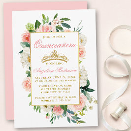 Aquarellfarbe Rosa Weiße Flora Gold Quinceanera Einladung