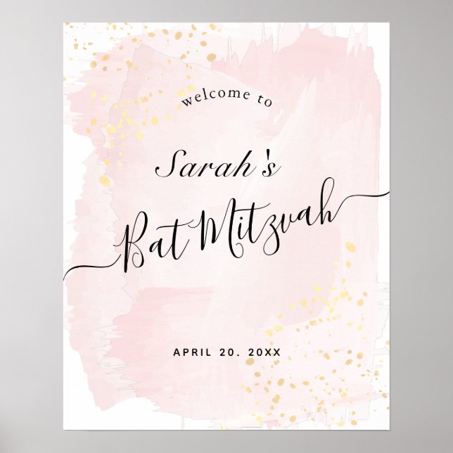 Aquarellfarbe Rosa x Gold Bat Mitzvah Begrüßungsze Poster (Vorne)