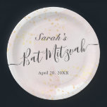 Aquarellfarbe Rosa x Gold Bat Mitzvah Pappteller<br><div class="desc">Diese elegante Fledermaus-Mitzvah-Papierplatte weist einen weißen Hintergrund mit rosa Pinselstrichen in Aquarell und Imitat goldenen Spritzern auf. Personalisieren Sie es für Ihre Bedürfnisse. Mehr passende Produkte finden Sie in meinem Geschäft.</div>