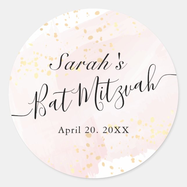 Aquarellfarbe Rosa x Gold Bat Mitzvah Runder Aufkleber (Vorderseite)
