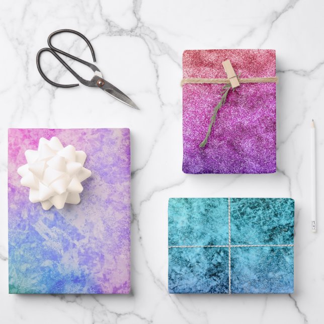 Aquarellfarbe Textur Rosa Türkisfarben Regenbogen Geschenkpapier Set (Vorderseite)